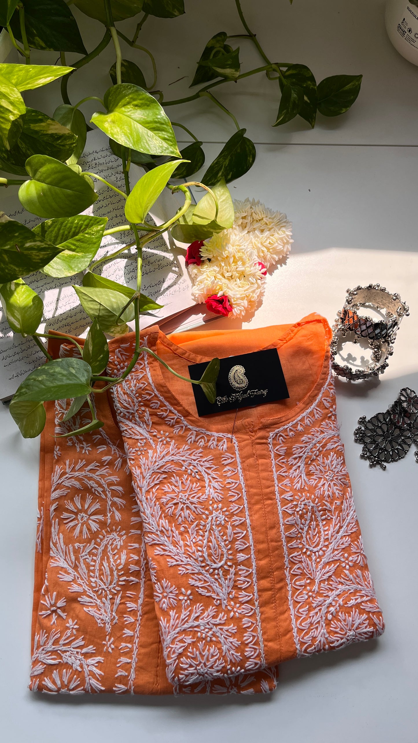 Blanc sur Orange - Kurta en coton