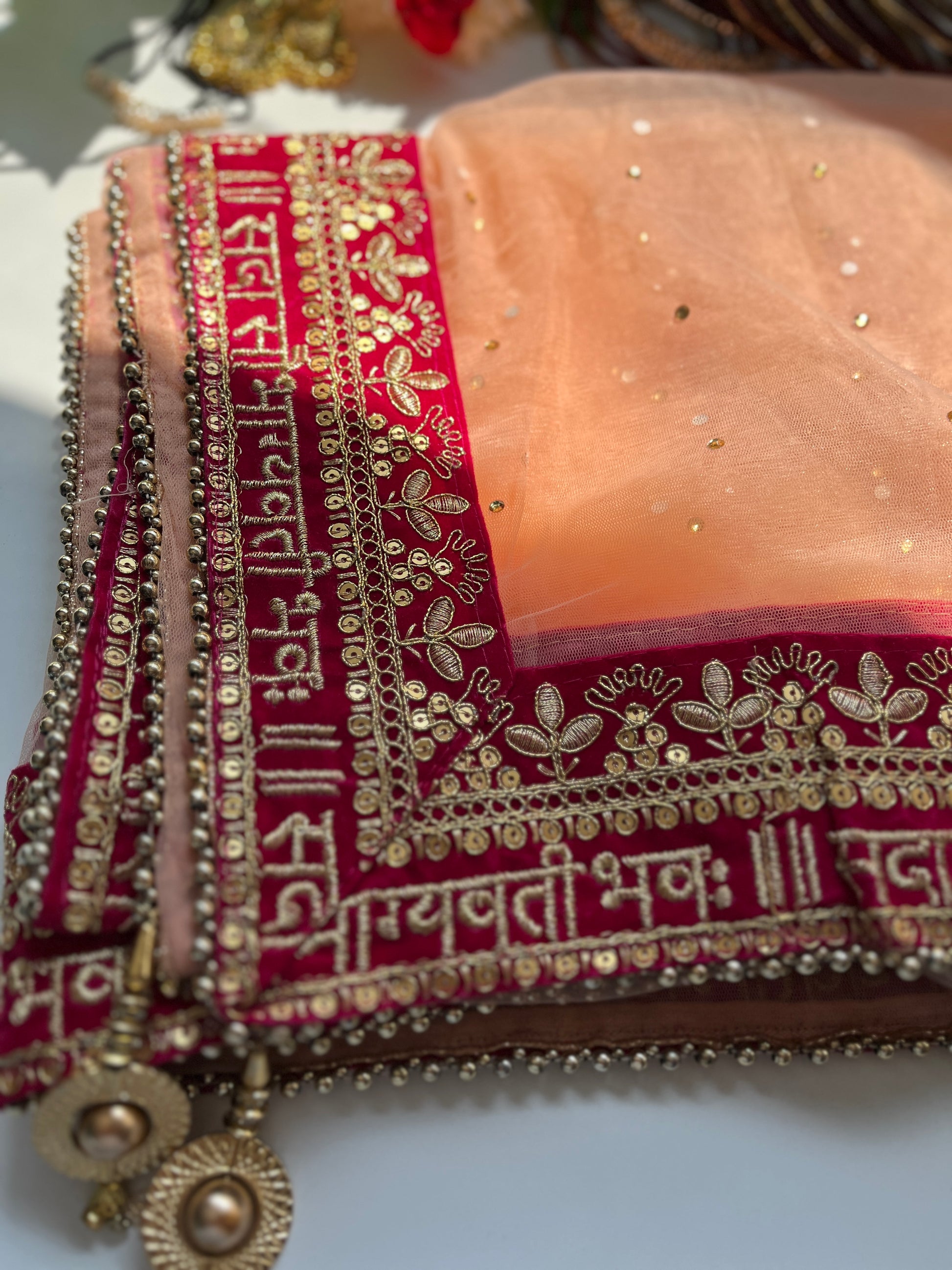 Bridal Dupatta - सदा सौभाग्यवती भव: - Peach - The Hijab Fairy