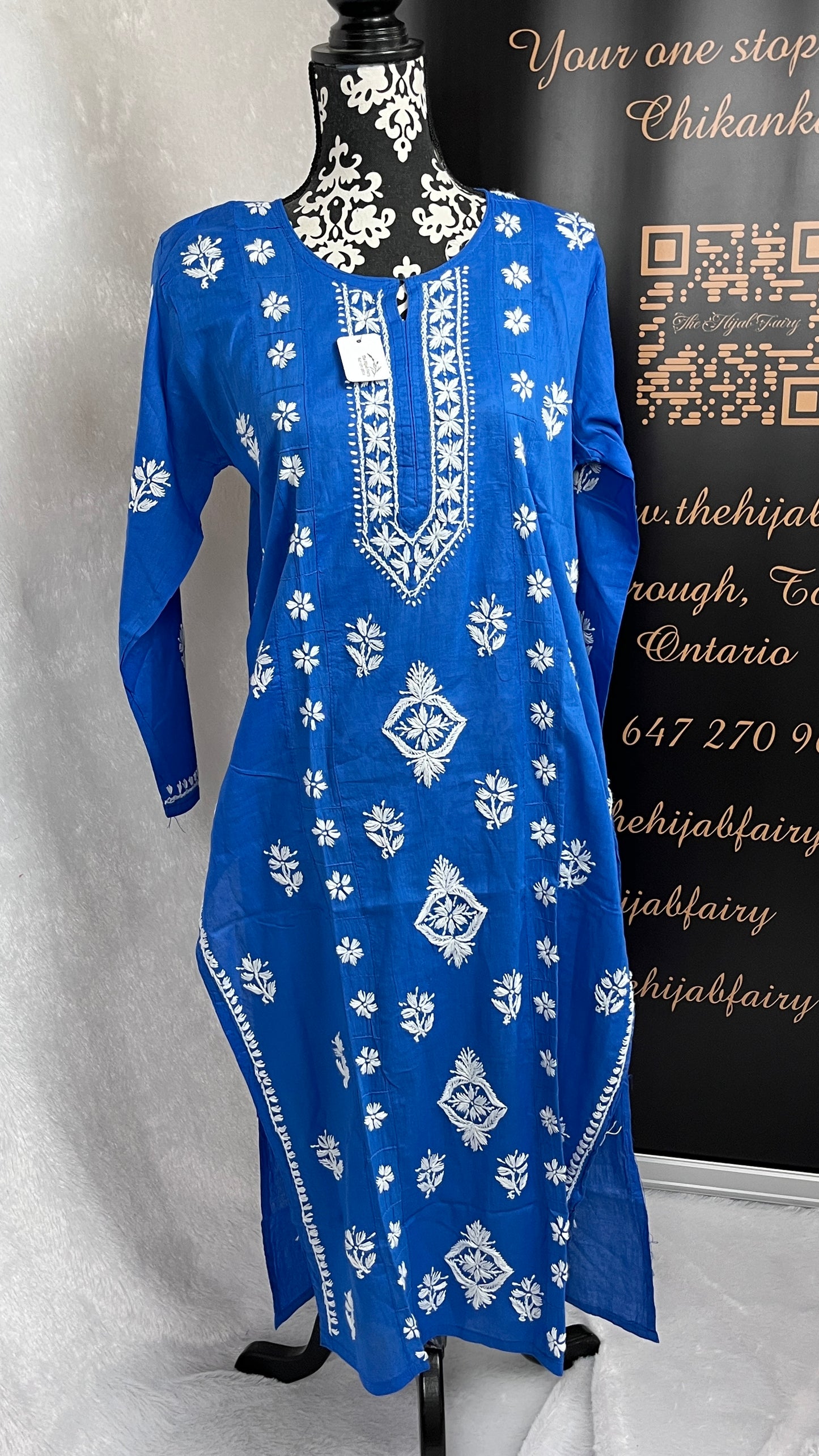 Blanc sur bleu 1- Kurta en coton