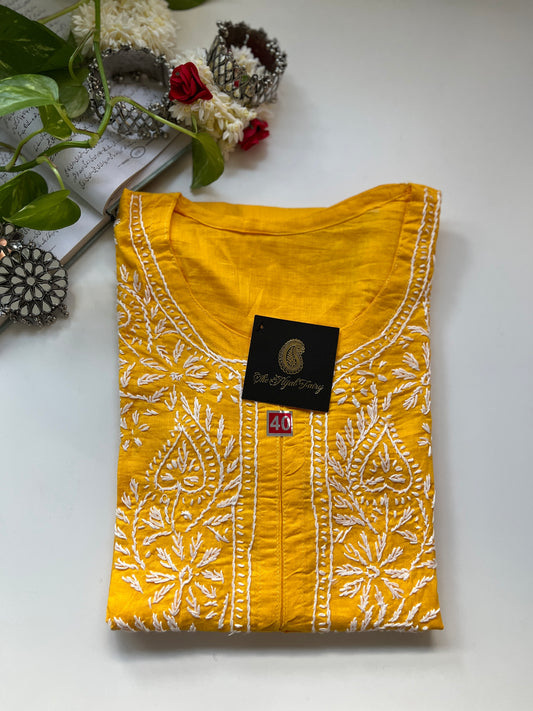 Blanc sur Jaune Mangue - Kurta en Coton