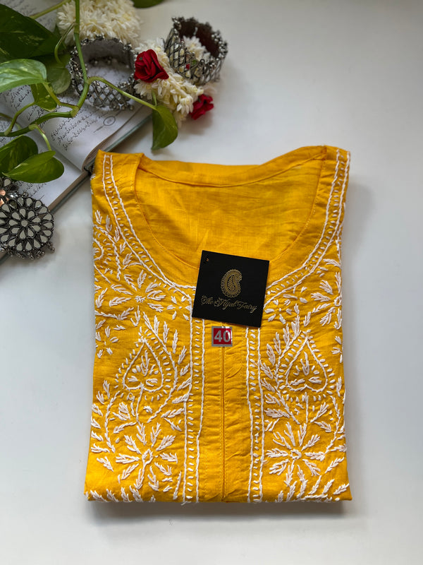 White on Mango Yellow - Cotton Kurta