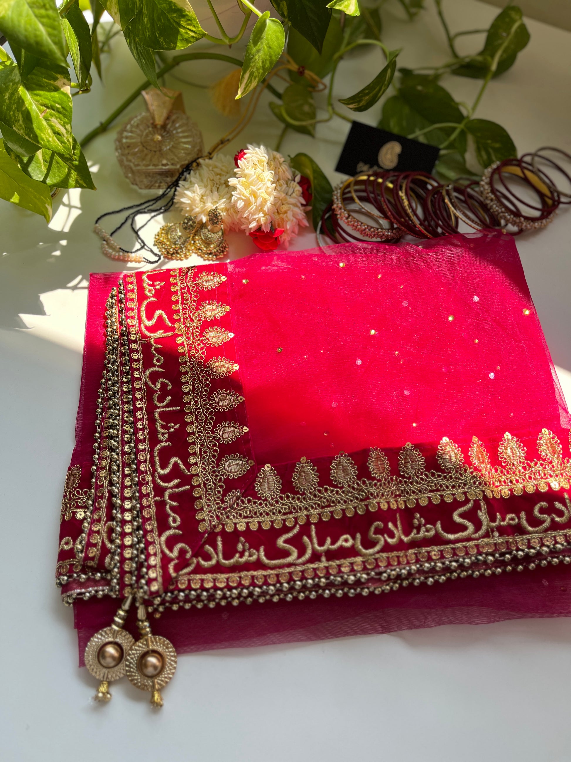 Bridal Dupatta - شادی مبارک - Magenta - The Hijab Fairy