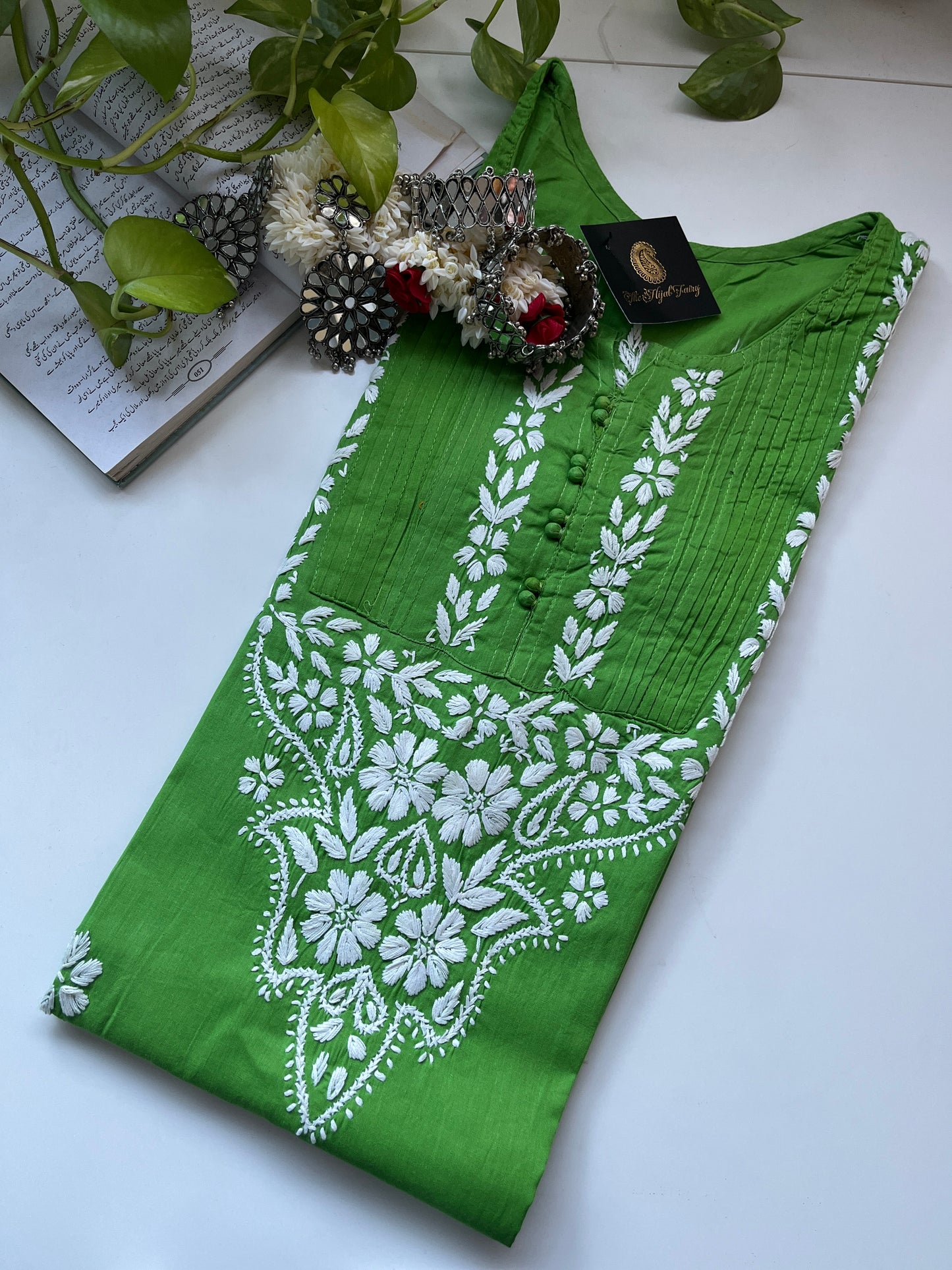 Blanc sur vert Kajol - Kurta en coton