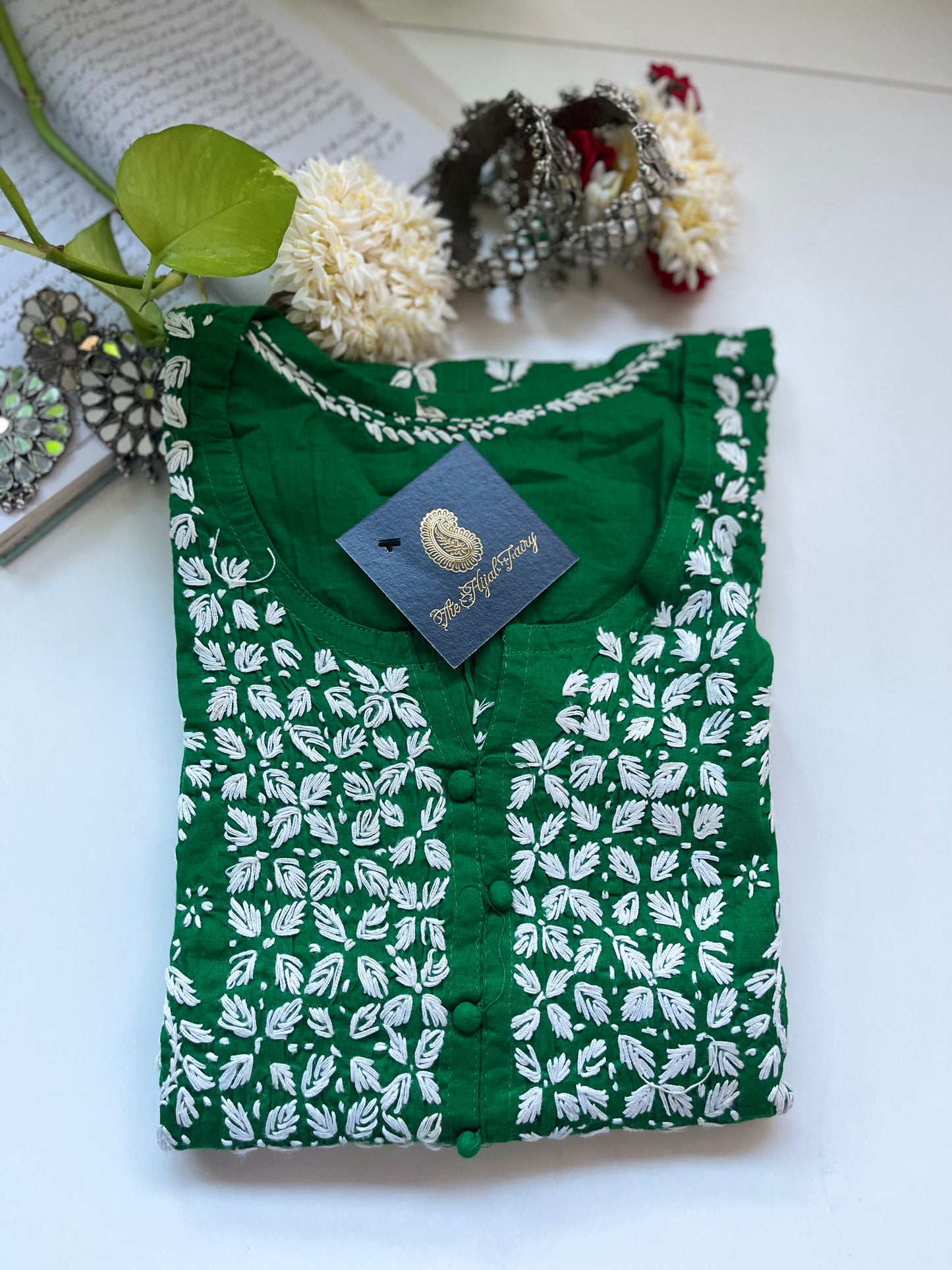 White on Leaf Green - Cotton Kurta