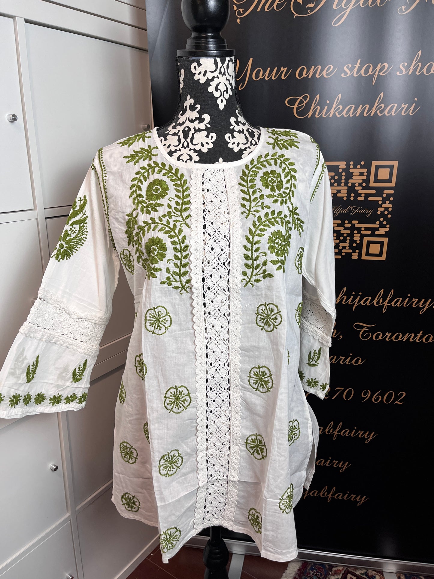 Mehendi on White - Short Cotton Chikankari Top