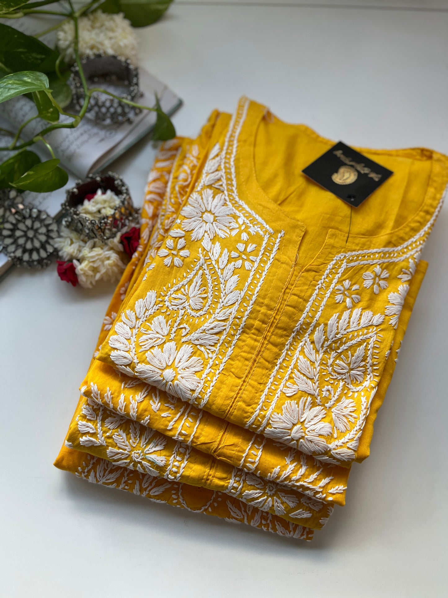 White on Mango Yellow - Cotton Kurta