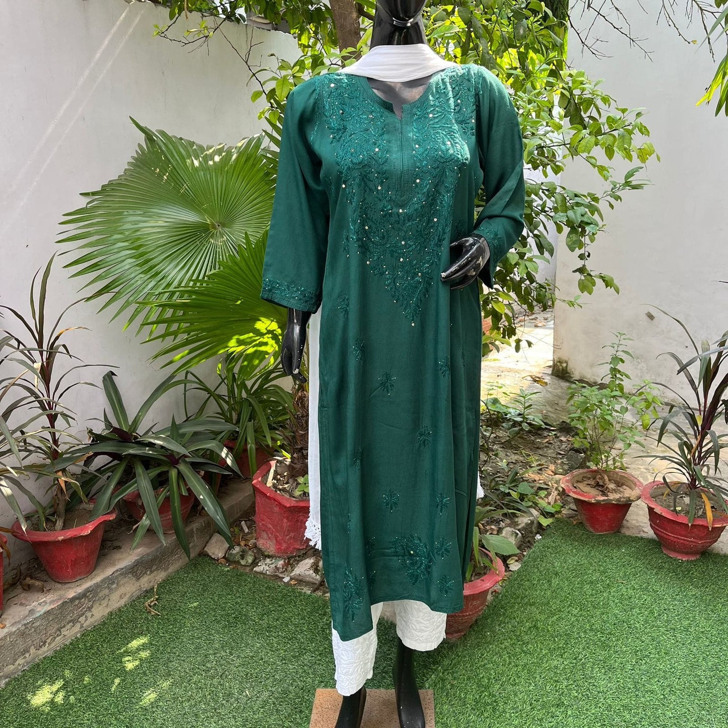 Green 1 - Mukaish Rayon Kurta - The Hijab Fairy