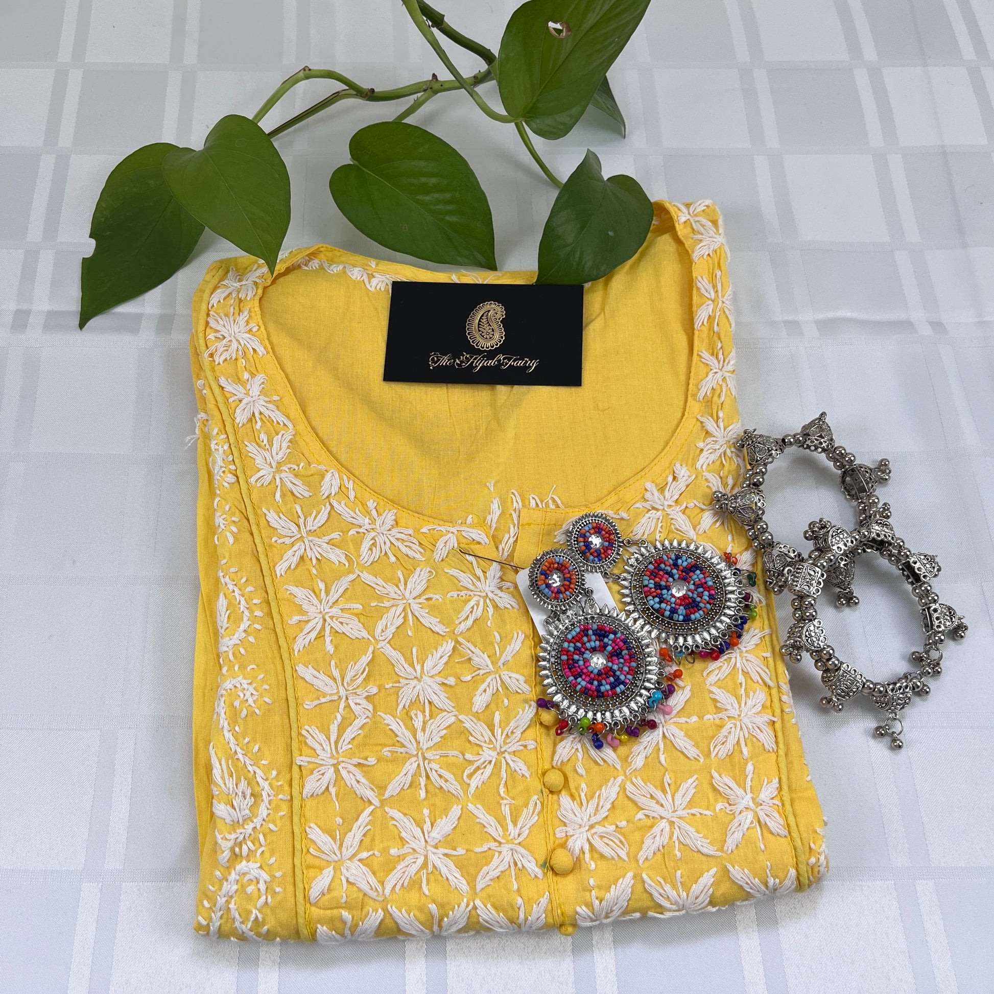 White on Yellow - Cotton Kurta - The Hijab Fairy