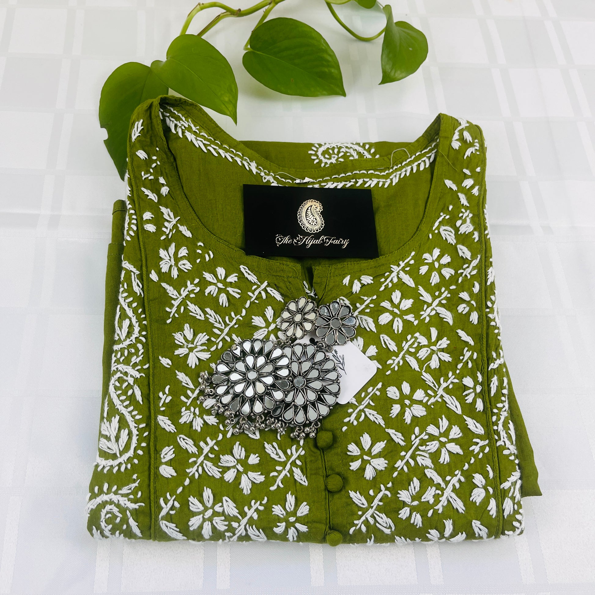 White on Moss Green - Cotton Kurta - The Hijab Fairy