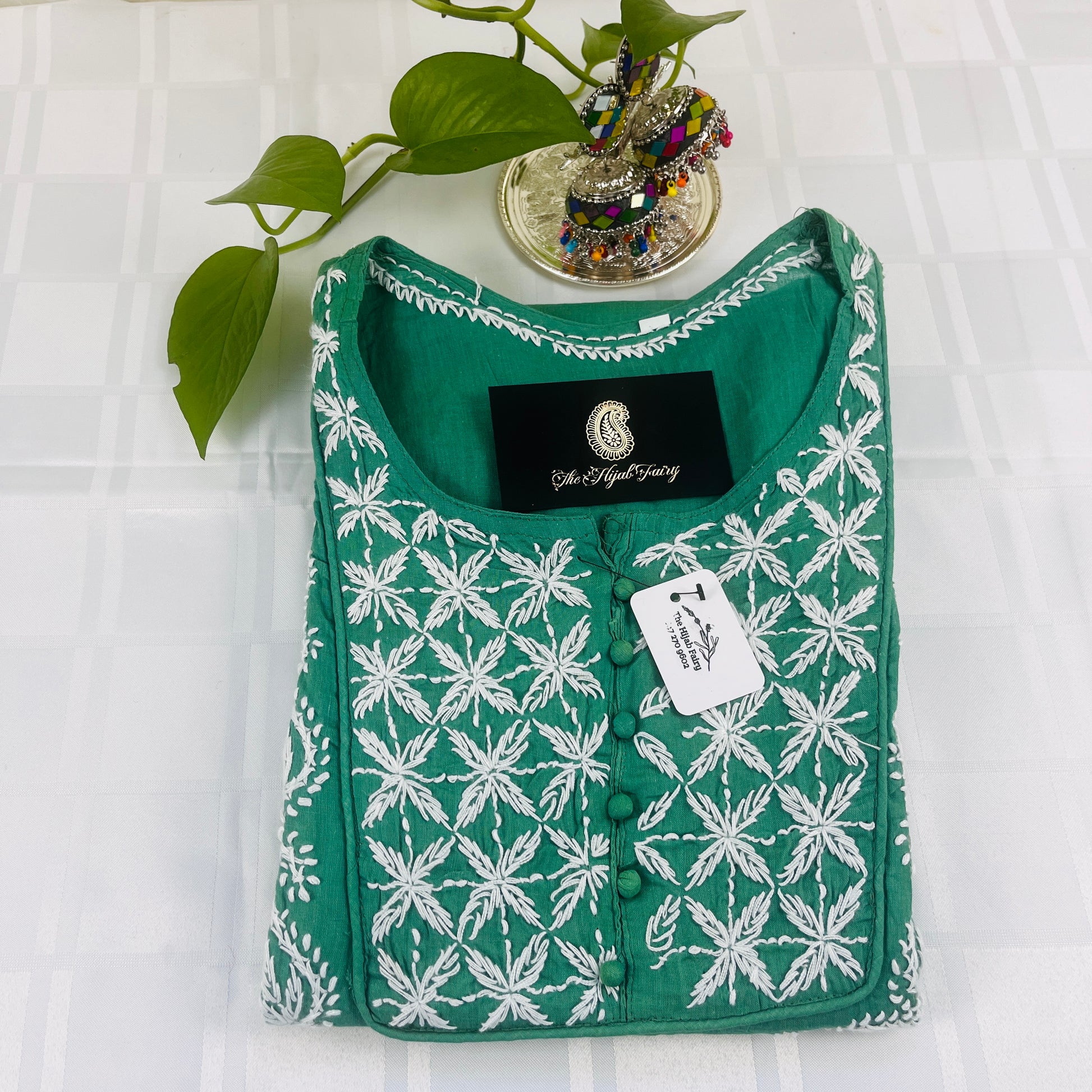 White on Jade Green - Cotton Kurta - The Hijab Fairy