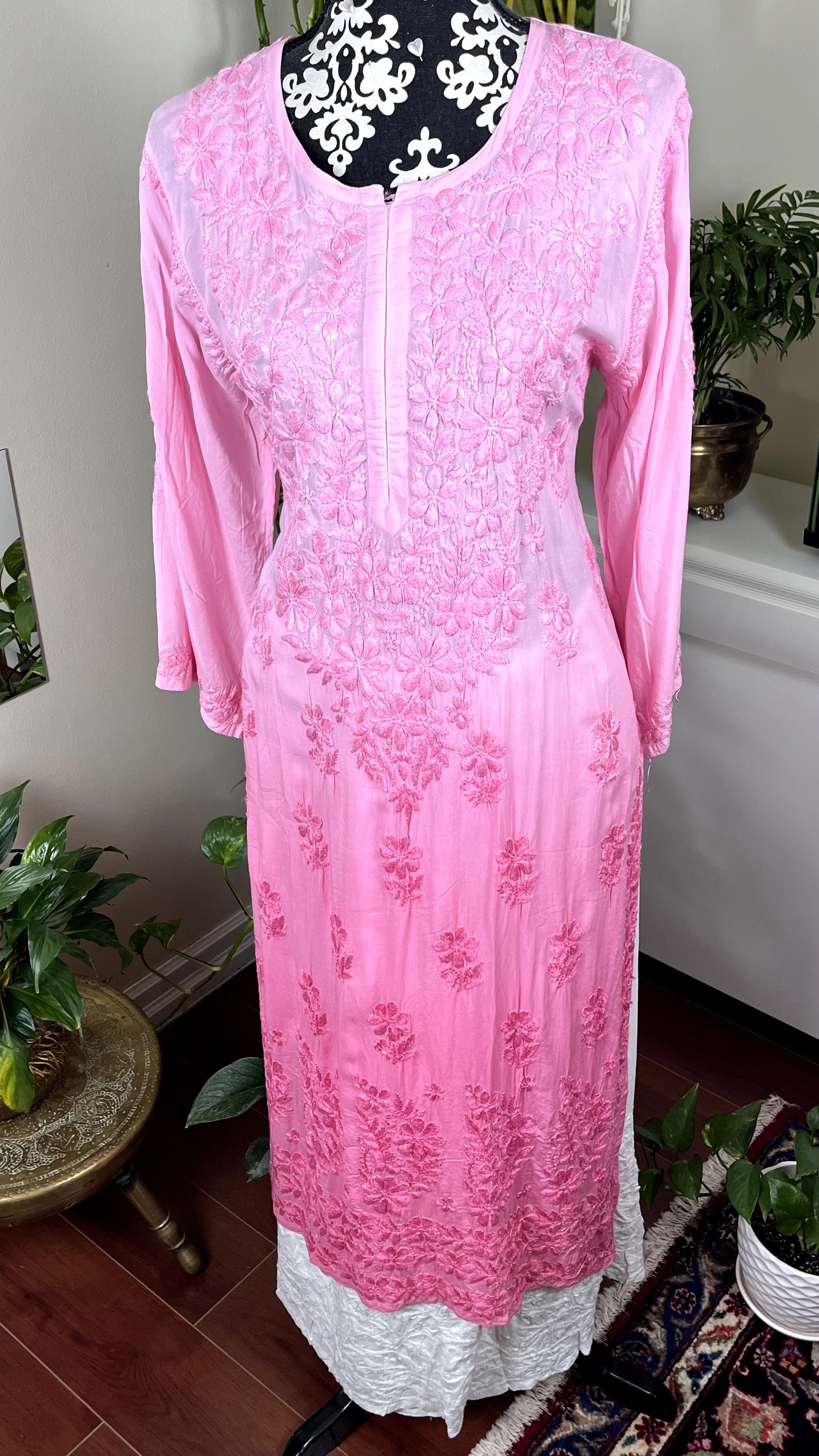 Pink - Ombre Modal Straight Chikankari Kurta - The Hijab Fairy