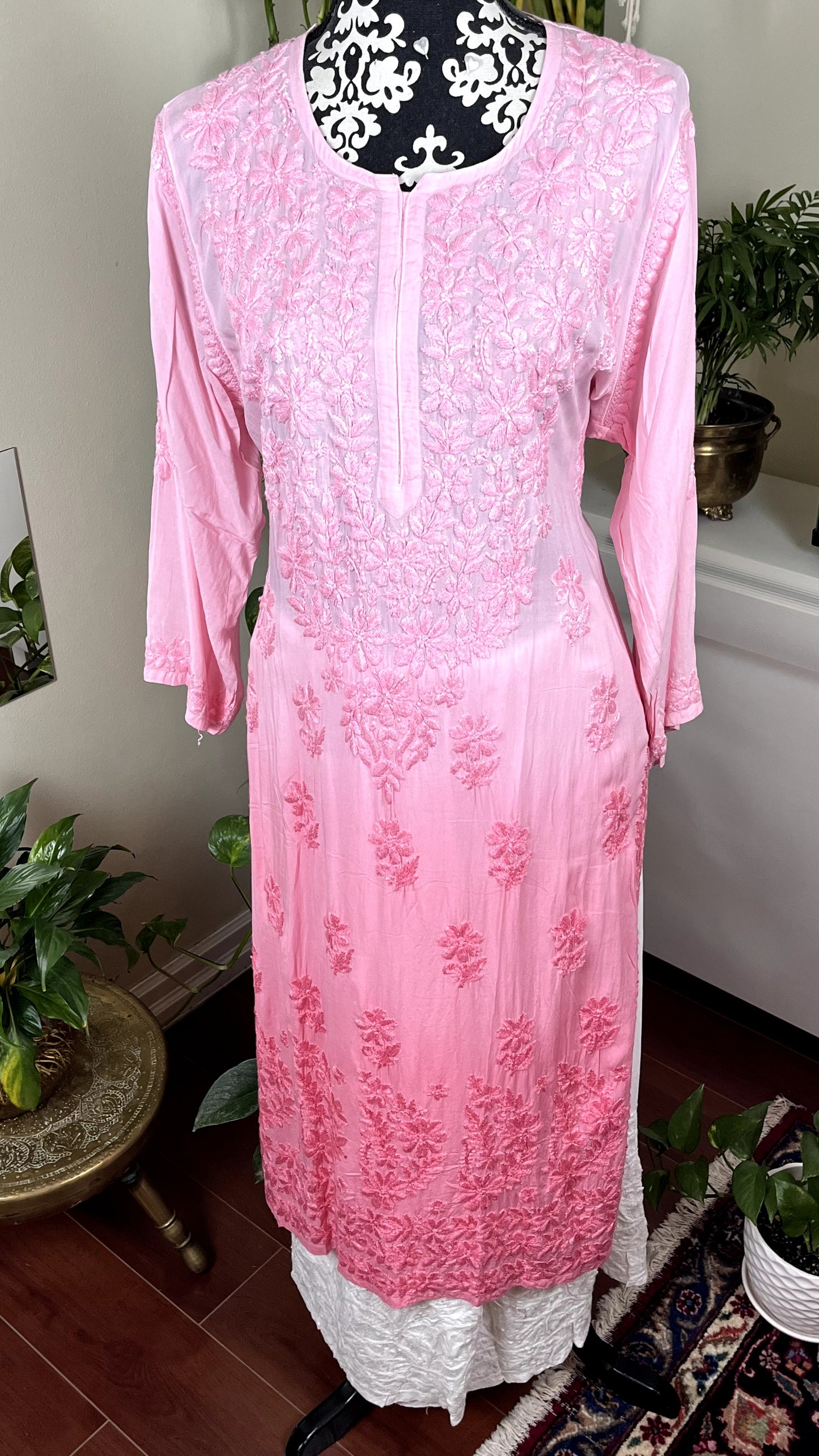 Pink - Ombre Modal Straight Chikankari Kurta - The Hijab Fairy