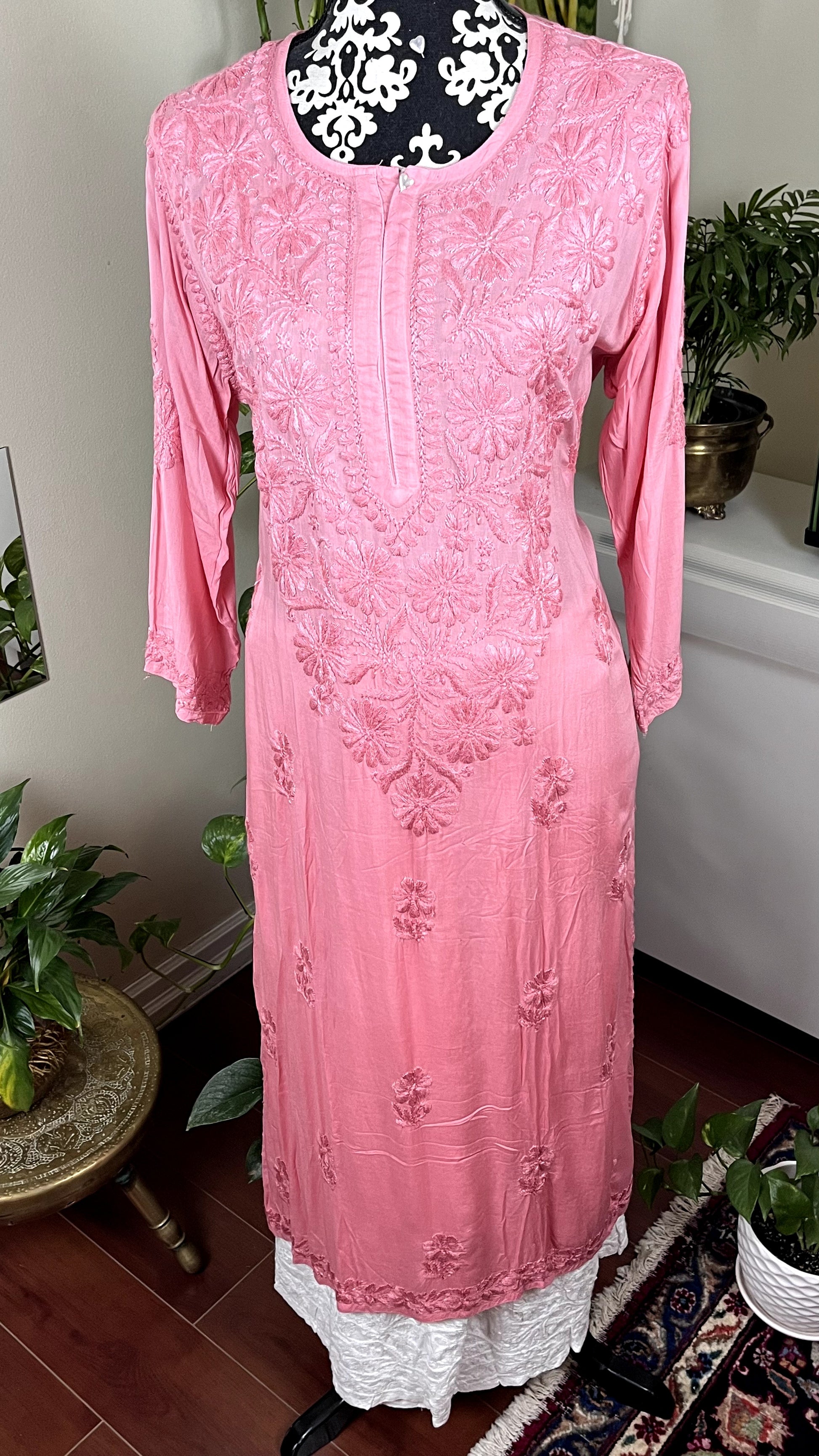 Pink - Ombre Modal Straight Chikankari Kurta - The Hijab Fairy