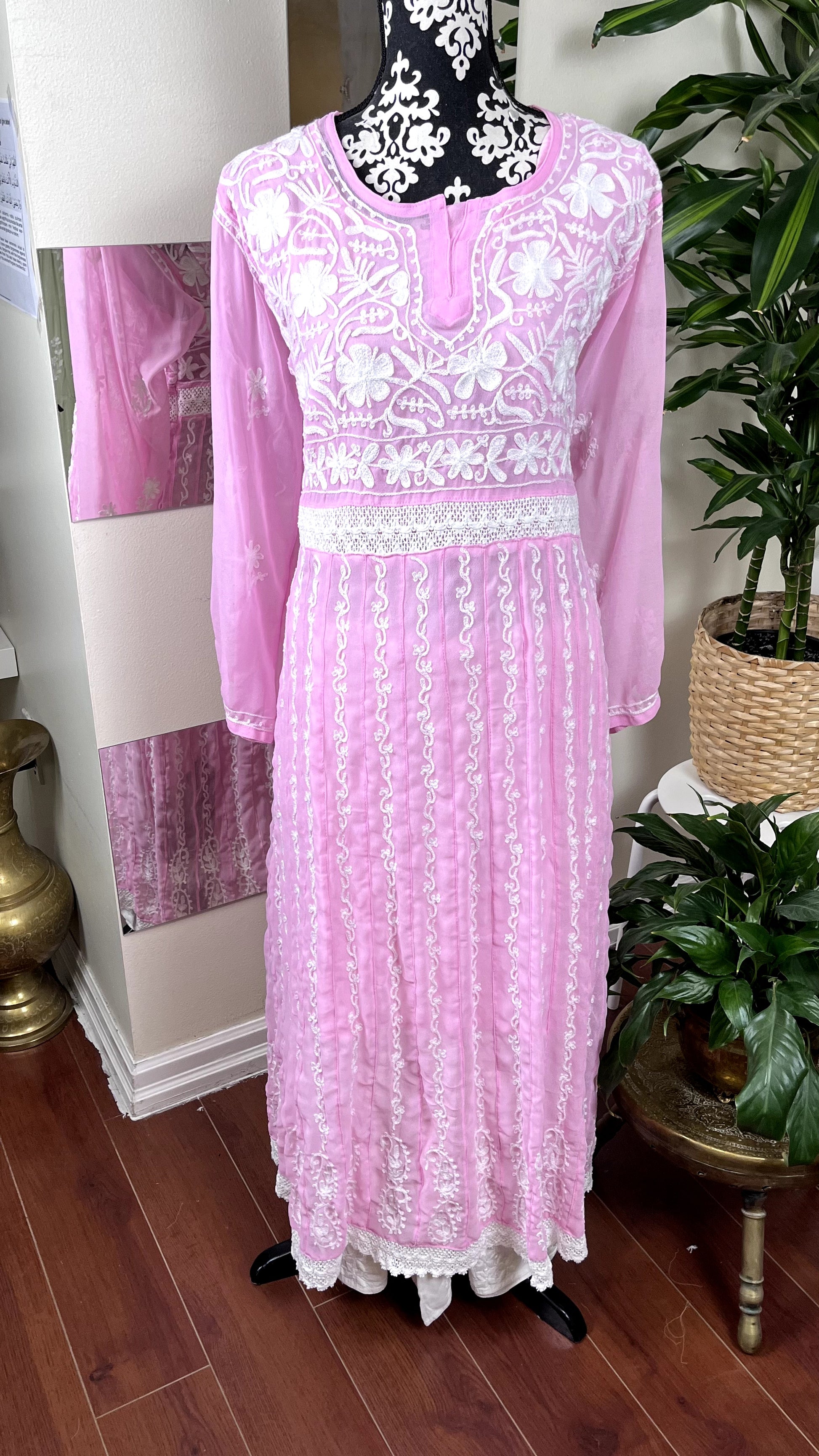 White on Pink- Georgette Anarkali - The Hijab Fairy