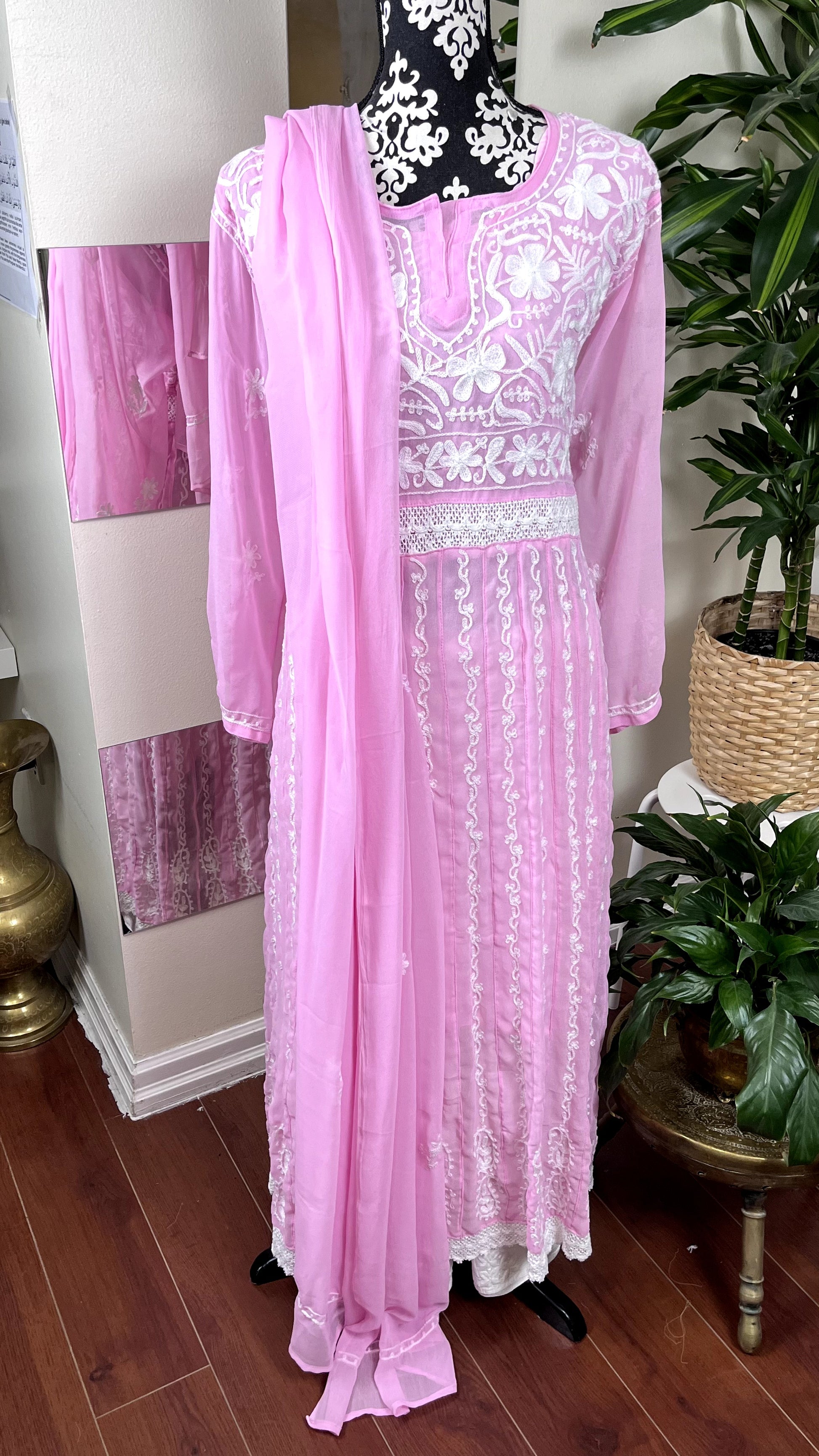 White on Pink- Georgette Anarkali - The Hijab Fairy