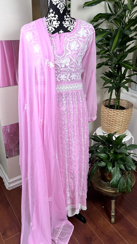 White on Pink- Georgette Anarkali - The Hijab Fairy