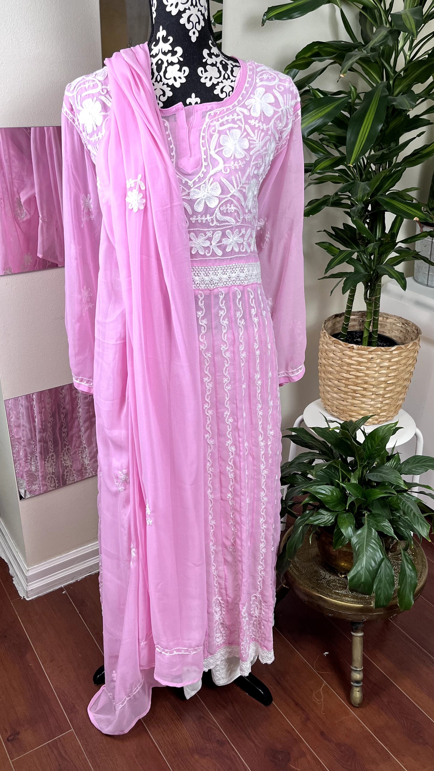 White on Pink- Georgette Anarkali - The Hijab Fairy