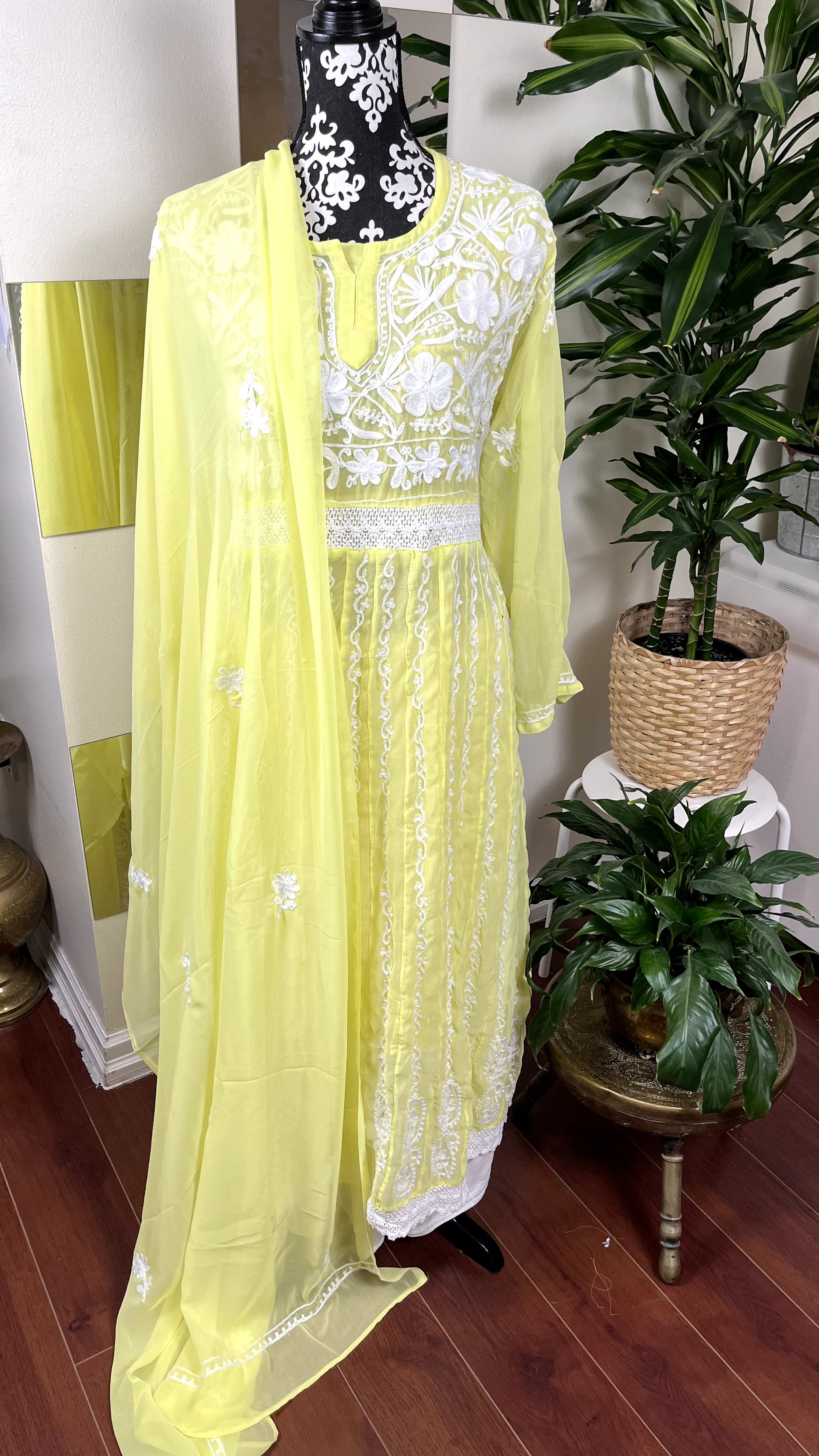 White on Yellow - Georgette Anarkali - The Hijab Fairy