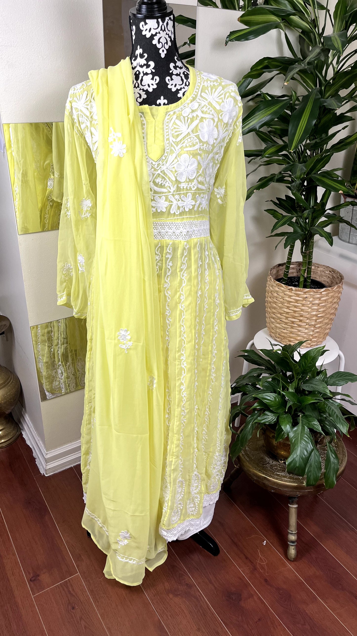 White on Yellow - Georgette Anarkali - The Hijab Fairy