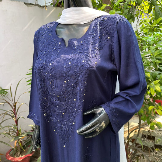 Navy Blue - Mukaish Rayon Kurta - The Hijab Fairy