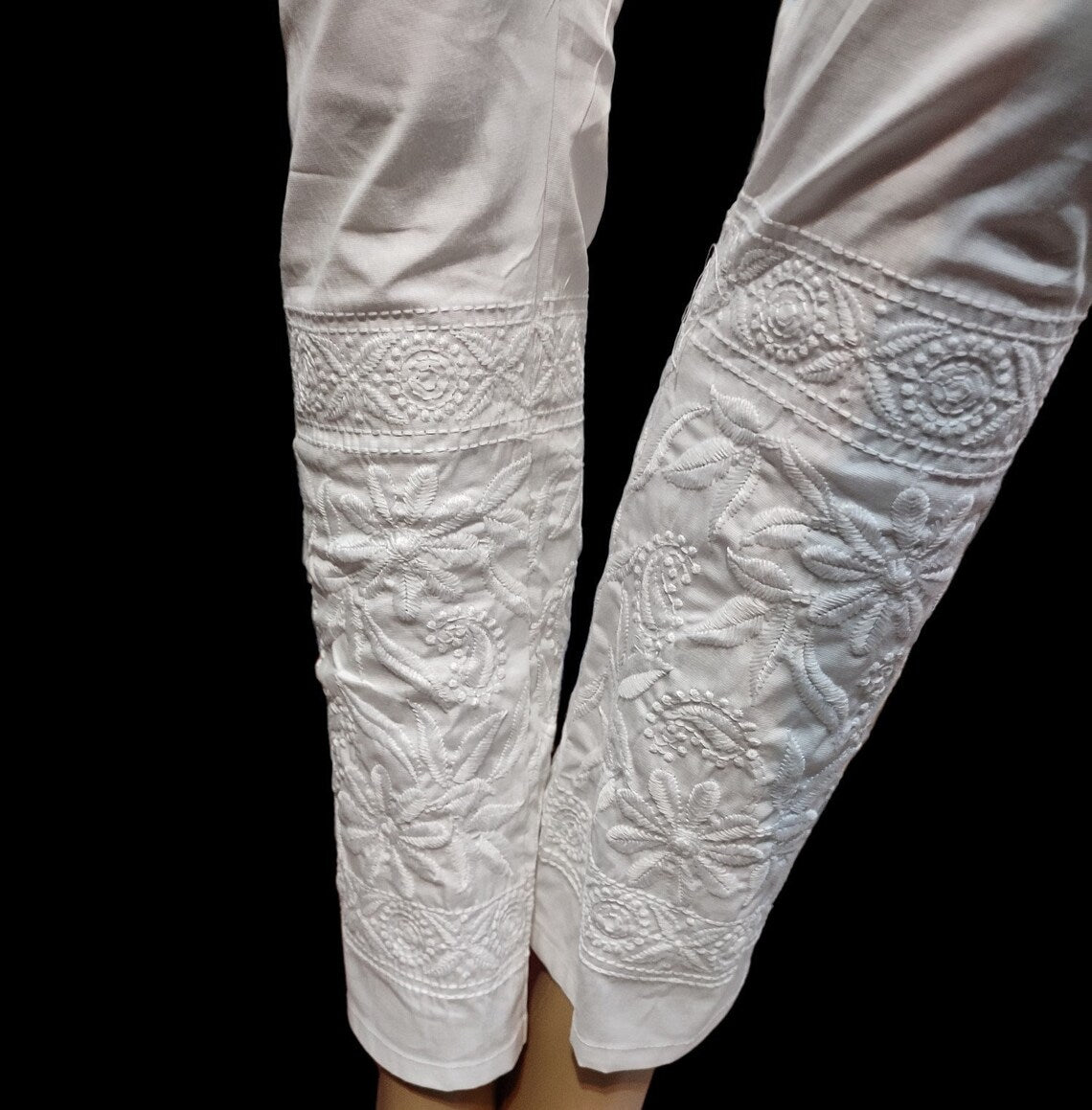 Lucknow Chikankari Stretchable Cotton Pants / Ankle Length / Hand  Embroidered